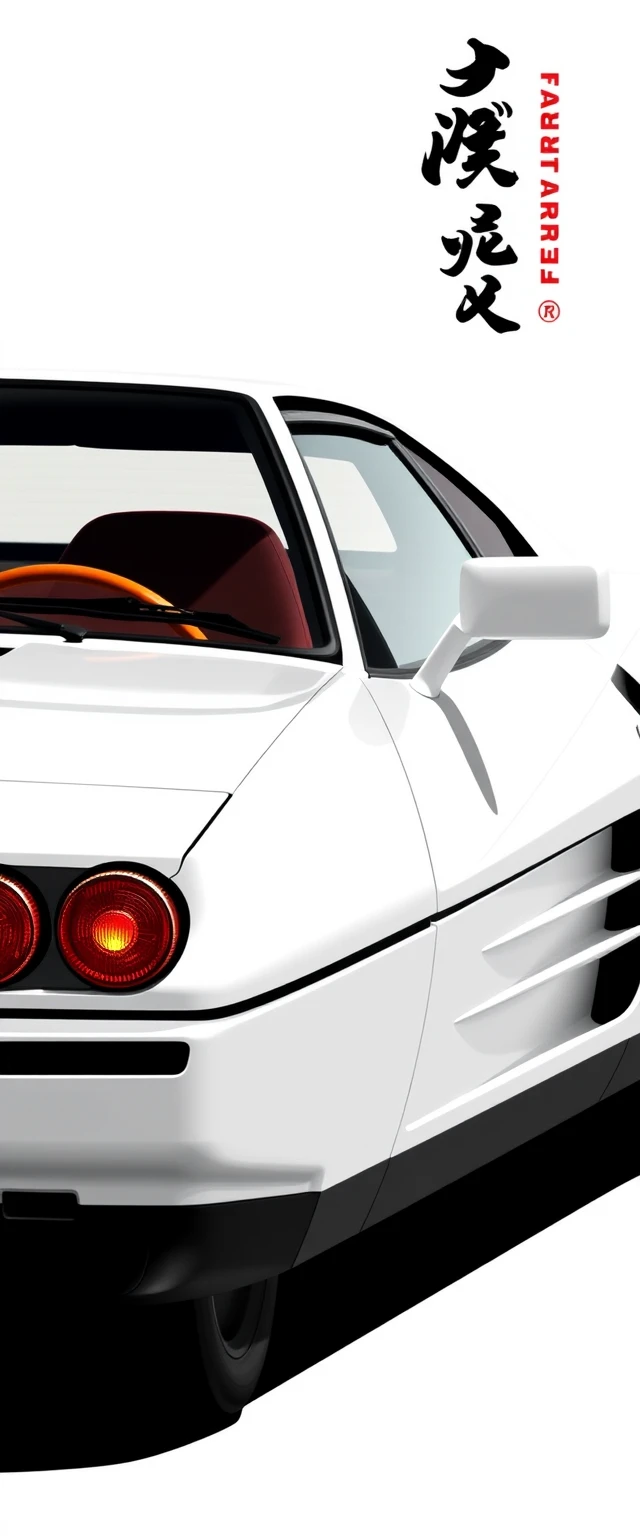 White Ferrari Testarossa Japanese Poster Wallpaper  
Japanese minimal & modern poster of a Ferrari Testarossa with Japanese characters meaning 'FERRARI'.