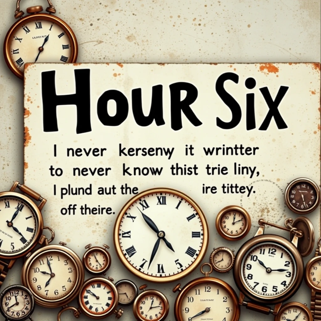 Sign that says: Hour Six  
Text: You are the poem I never knew how to write, and this is the story I never knew how to tell.  
Imagery: watches, clocks, time, seconds, minutes. - Image