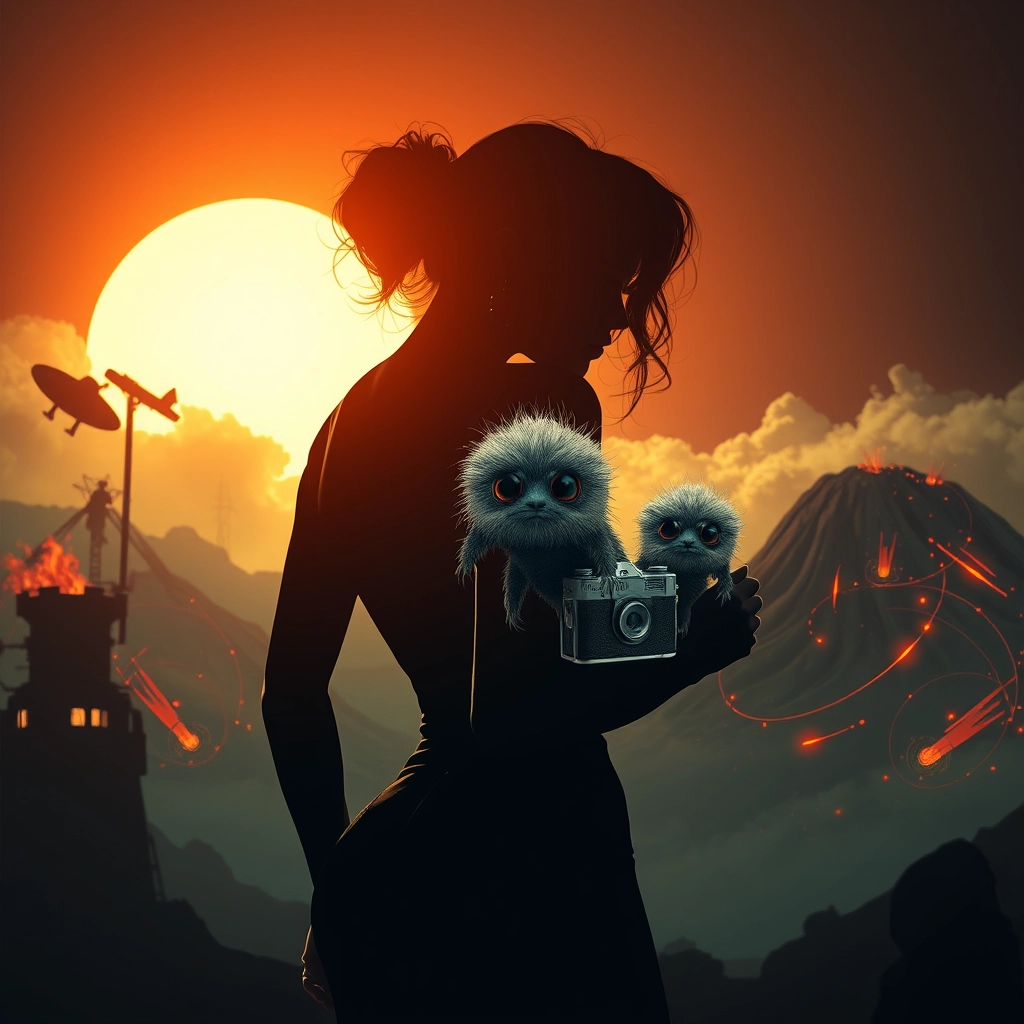 Silhouette of a fashionista model with nice curves showing a big backside, holding the cutest fuzzy fluffy creature with big eyes that is ultra small. The perspective features pop rock, fluorescent collage, sci-fi steampunk machinery, and extra dust particle clouds, with octane render and paper art ink art in the style of Méliès and Jules Verne. There is also a big-eyed creature from hell, a burning mountain, a vintage camera, double exposure, and glitch particles, all moving in 3D across multiversed layers, presenting ultra beauty and poetic aesthetics. - Image