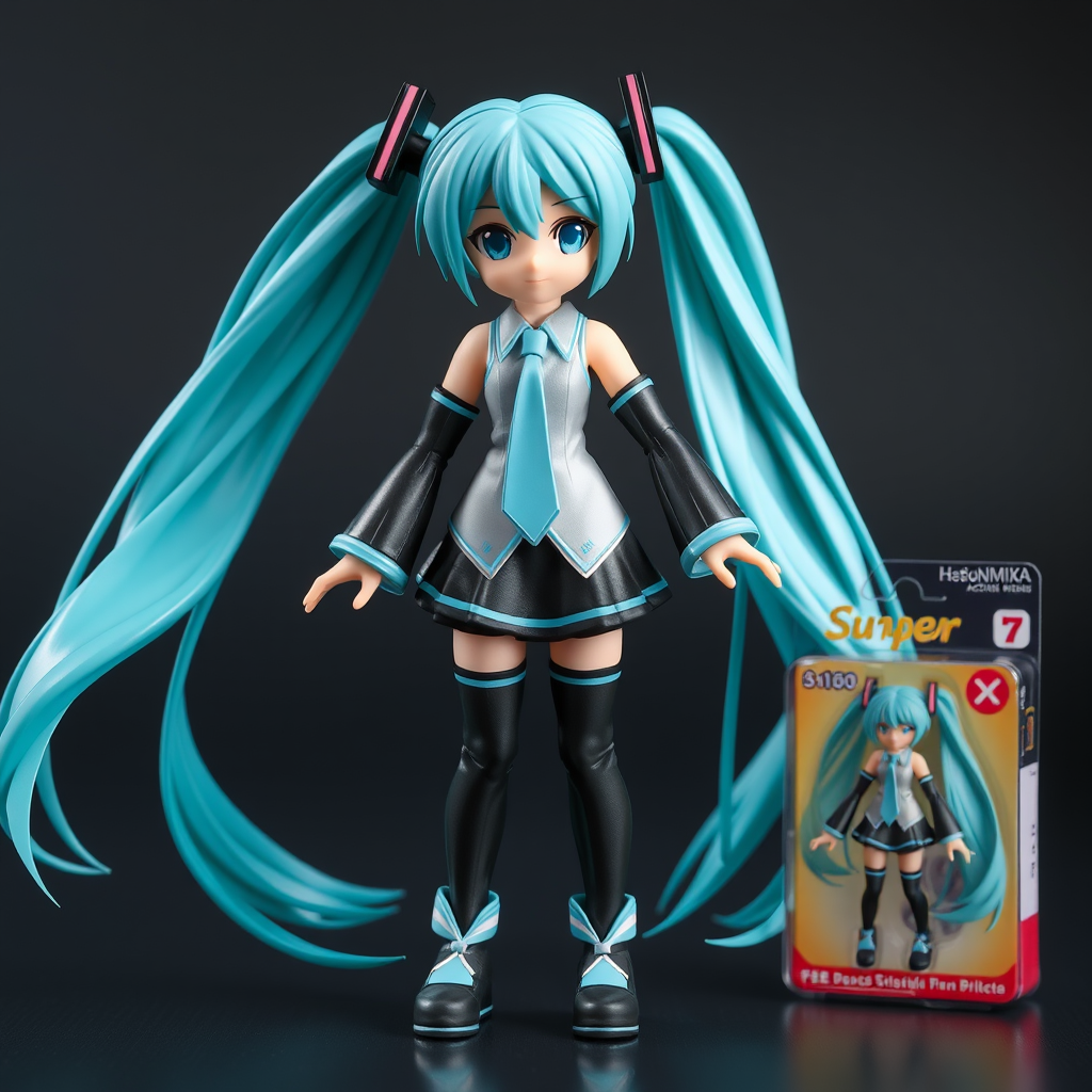 Design a Hatsune Miku action figure toy, with twintails, also with the classic packaging made by Kenner company or Super 7 reaction packaging.