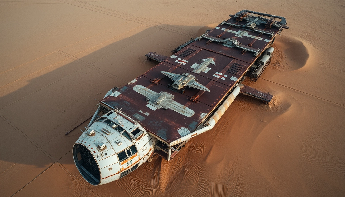 From a vertical aerial viewpoint, there is a huge aircraft carrier on the desert ground, long abandoned, leaning at an angle in the sand, covered in rust. - Image