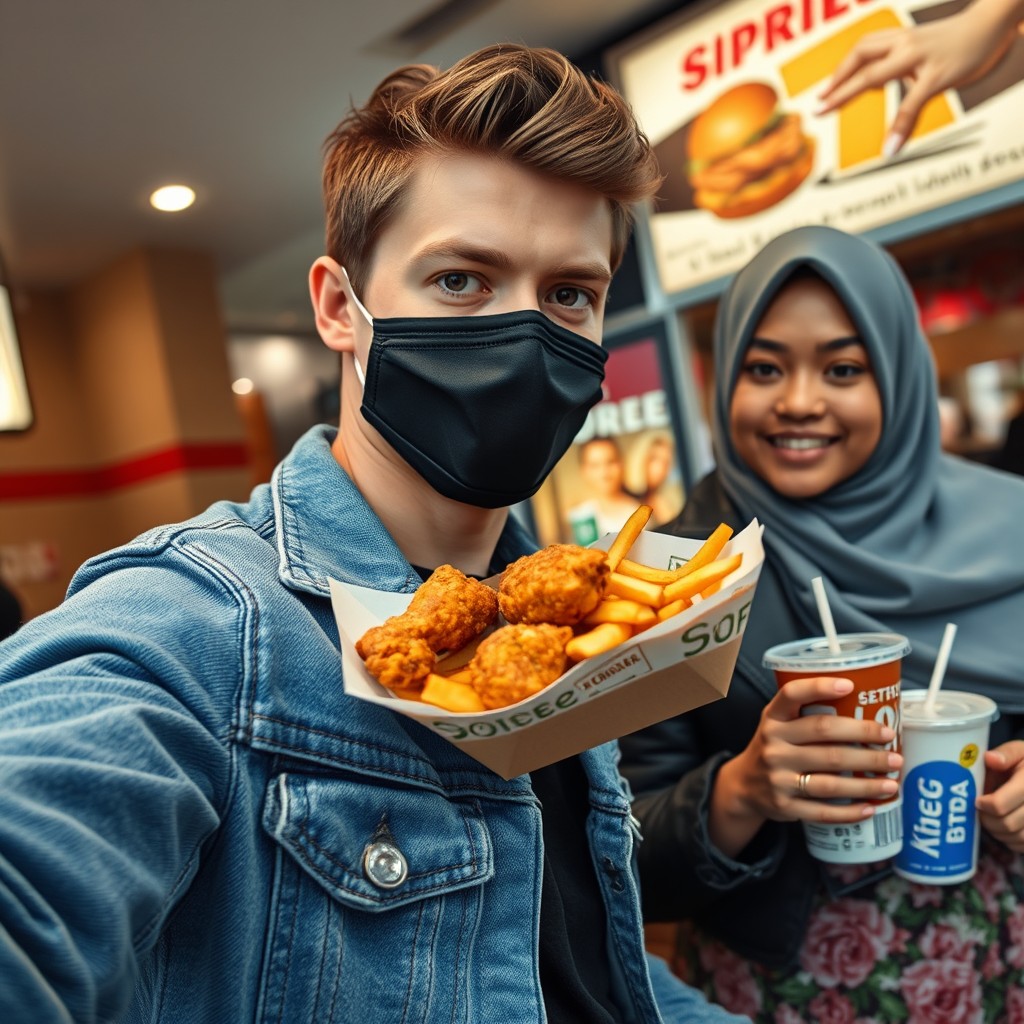 Jamie Dornan's head and body shot, handsome, young, black face mask, blue jeans jacket, jeans, dating a Muslim girl in a grey hijab, beautiful eyes, black face mask, black leather jacket, biggest floral skirt, at a fast food restaurant, plate of Korean fried chicken and fries, soft drink soda, photorealistic, hyper-realistic, street photography, selfie. - Image