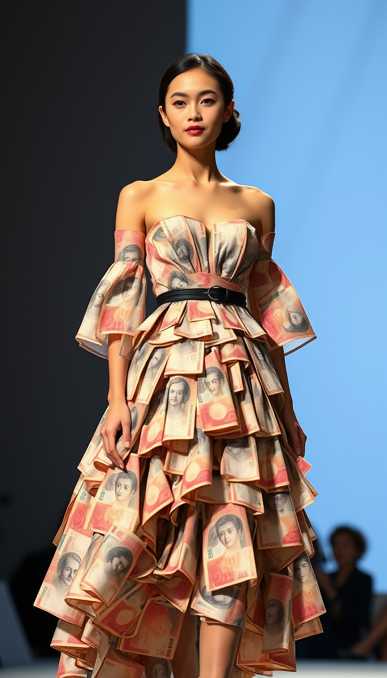 Fashion stage, a beautiful young Japanese woman wearing haute couture dress made of Japanese Yen banknotes.