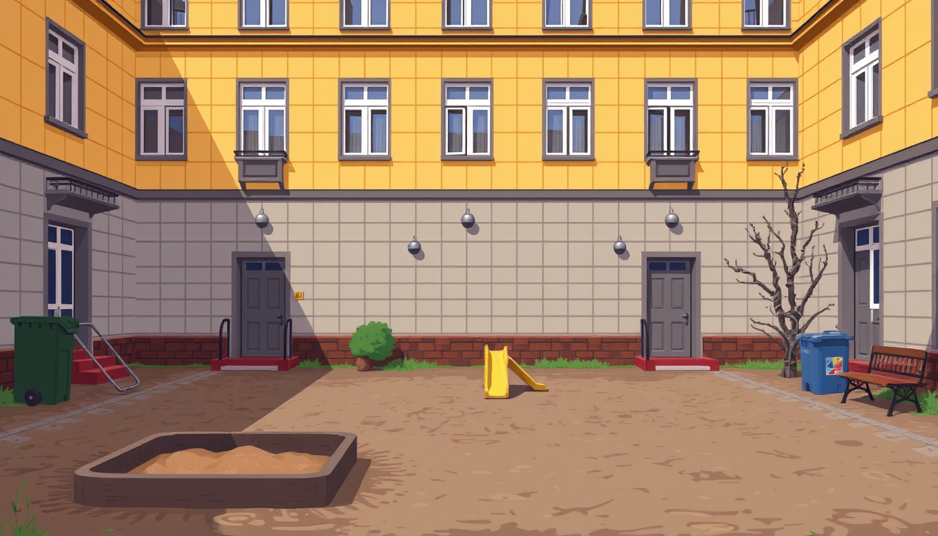 In pixel art style, an old Soviet courtyard, with a yellow-paneled five-story building in the background featuring five entrances. In the foreground, there is a sandbox, a children's slide, garbage cans, and benches by the entrances. - Image