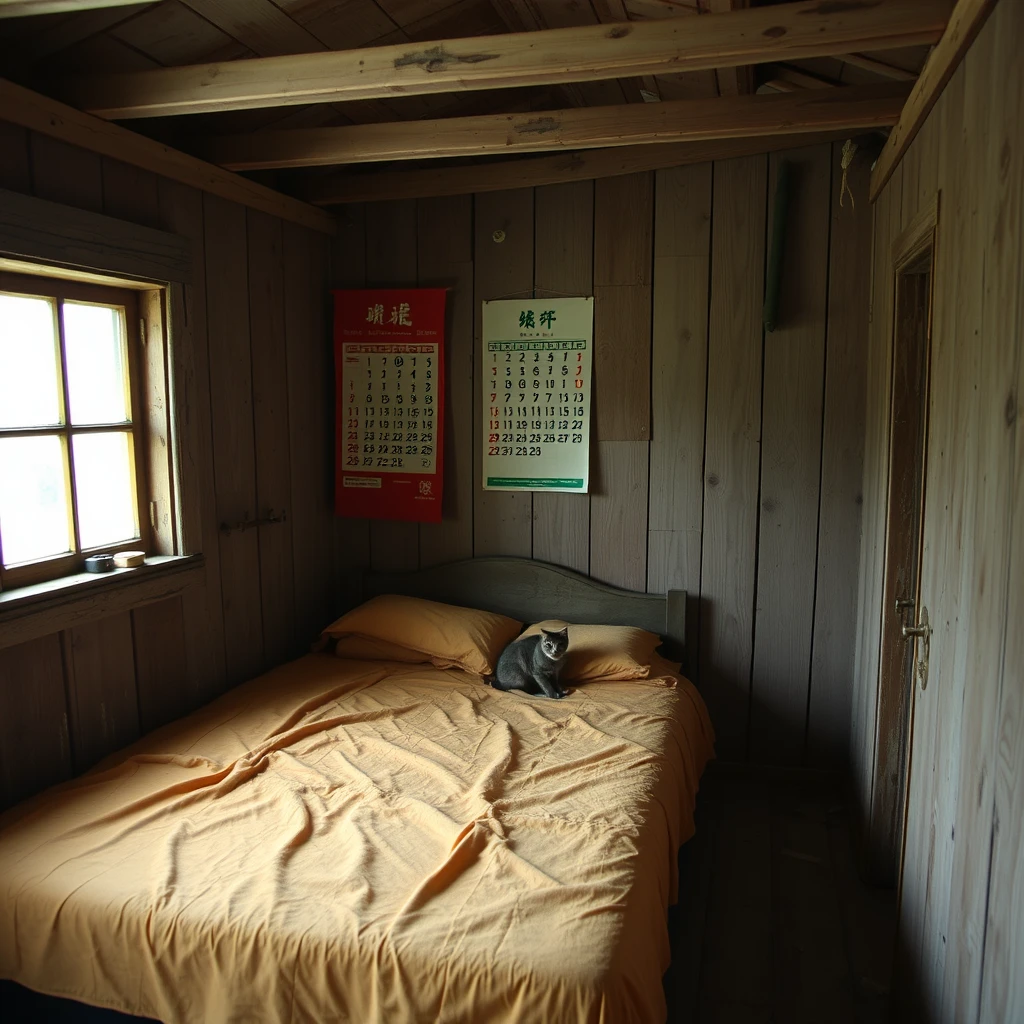 In a dilapidated wooden cabin, there is a bed, and one wall of the room has a Chinese-style calendar hanging on it, while there is a cat in the room. Note that the cabin is very large and has a window. - Image