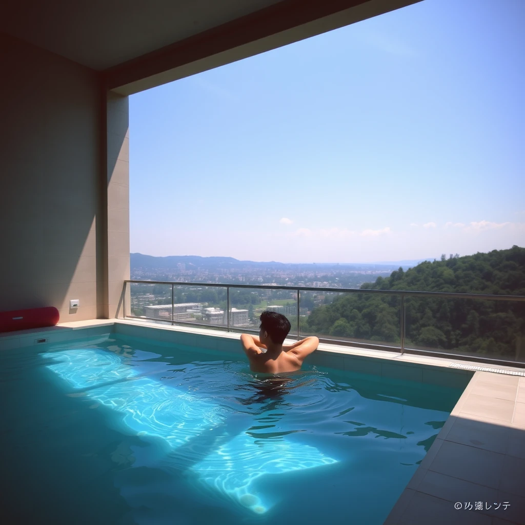 A strange swimming pool, with a young man swimming in the pool, distant view, overlooking. There are Chinese characters or Japanese. - Image