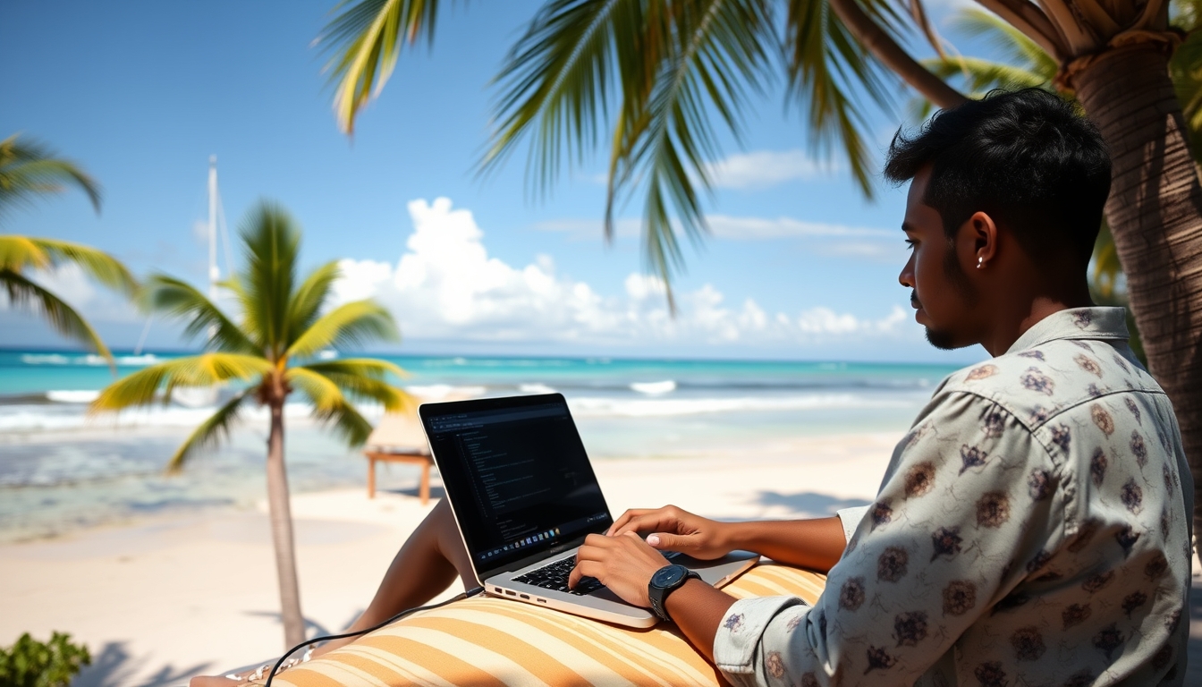 A digital artist working on a laptop in a tropical location, with the ocean in the background, emphasizing the freedom of remote work.