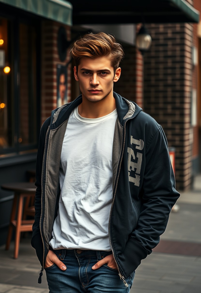 Christian Grey head and body shot, handsome young, brown dark-haired, serious face, white T-shirt, college jacket, skinny jeans, sneakers, walking hot style, near cafe, hyper-realistic, street photography, brick wall, full body photo, morning scenery.