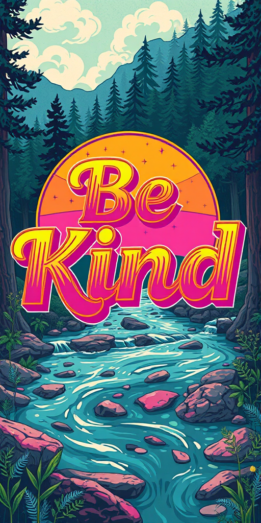 Positive and Vibrant illustration featuring a bold, 70's style graphic and spiritual themes, set against a backdrop of nature-inspired textures, trees, river, with the phrase "Be Kind" emblazoned in 3D, intricate, swirling patterns, with a predominantly pastel colors, moody color palette punctuated by flashes of neon orange, pinks, green, electric blues, and sunshine yellows, evoking a sense of peace, spiritual awakening, and empowerment.