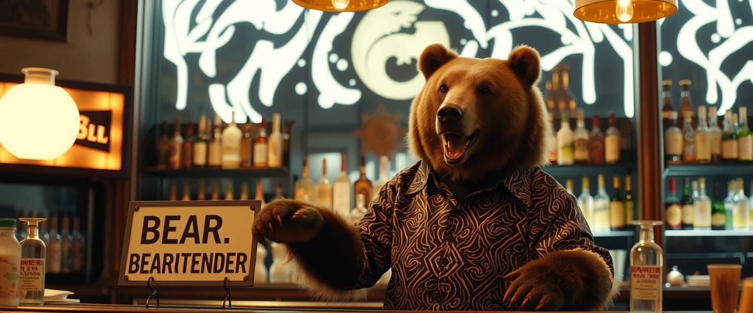 Movie still, a bear in a fancy shirt bartending, on a bar a sign "BEARTENDER" is standing. - Image