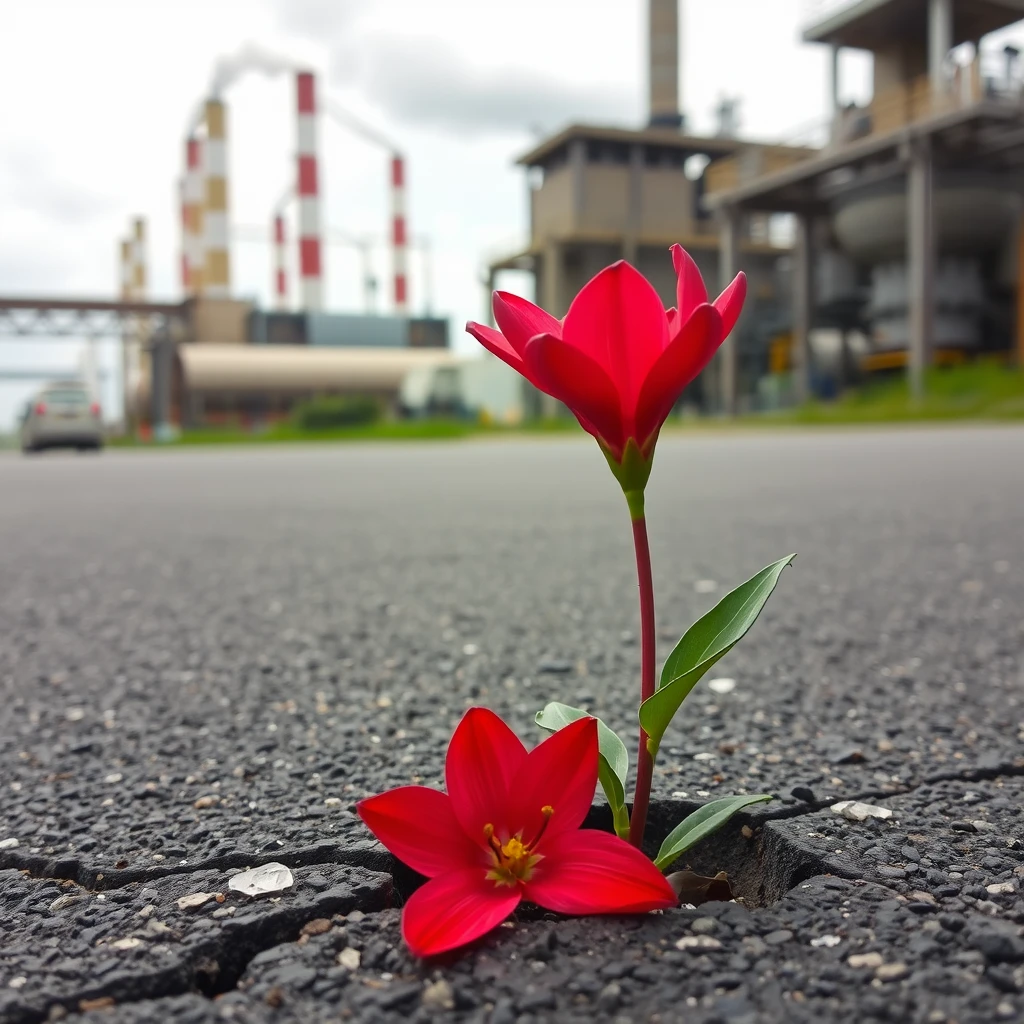 A beautiful red flower that grows from a crack in the asphalt against the backdrop of factories, portrait mode.