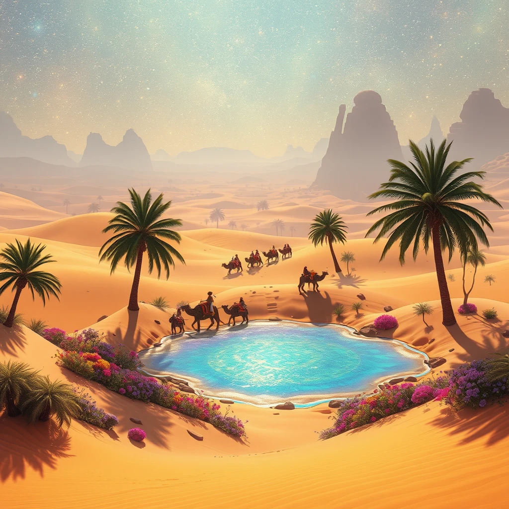 Envision a mystical desert oasis surrounded by golden sand dunes, where an iridescent lake reflects the stars above. Palm trees sway gently in the warm breeze, and vibrant flowers bloom in unexpected colors. In the distance, a caravan of travelers rides on the backs of majestic sand creatures, while shimmering mirages create illusions of distant cities. The atmosphere is enchanting, filled with the promise of adventure and the allure of the unknown. - Image