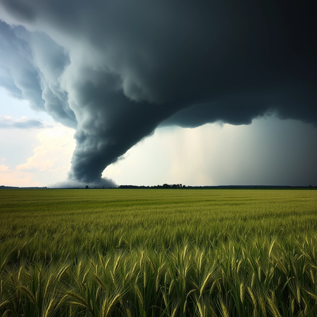 "Very huge black tornado in the wheat meadow."