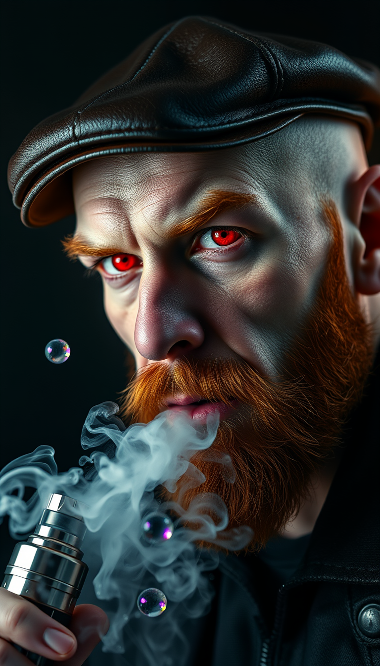 Hyper-realistic three-quarter portrait of a demonized white male, bald with meticulously detailed ginger stubble, donning a worn leather flatcap. Piercing red eyes gleam as he exhales dense, swirling vapor clouds from an intricately designed chrome vapemod. Iridescent e-liquid droplets suspended mid-air. - Image