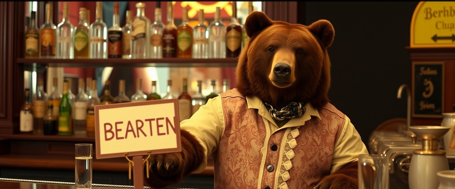 Movie still: a bear in a fancy shirt bartending, on the bar a sign "BEARTENDER" is standing. - Image