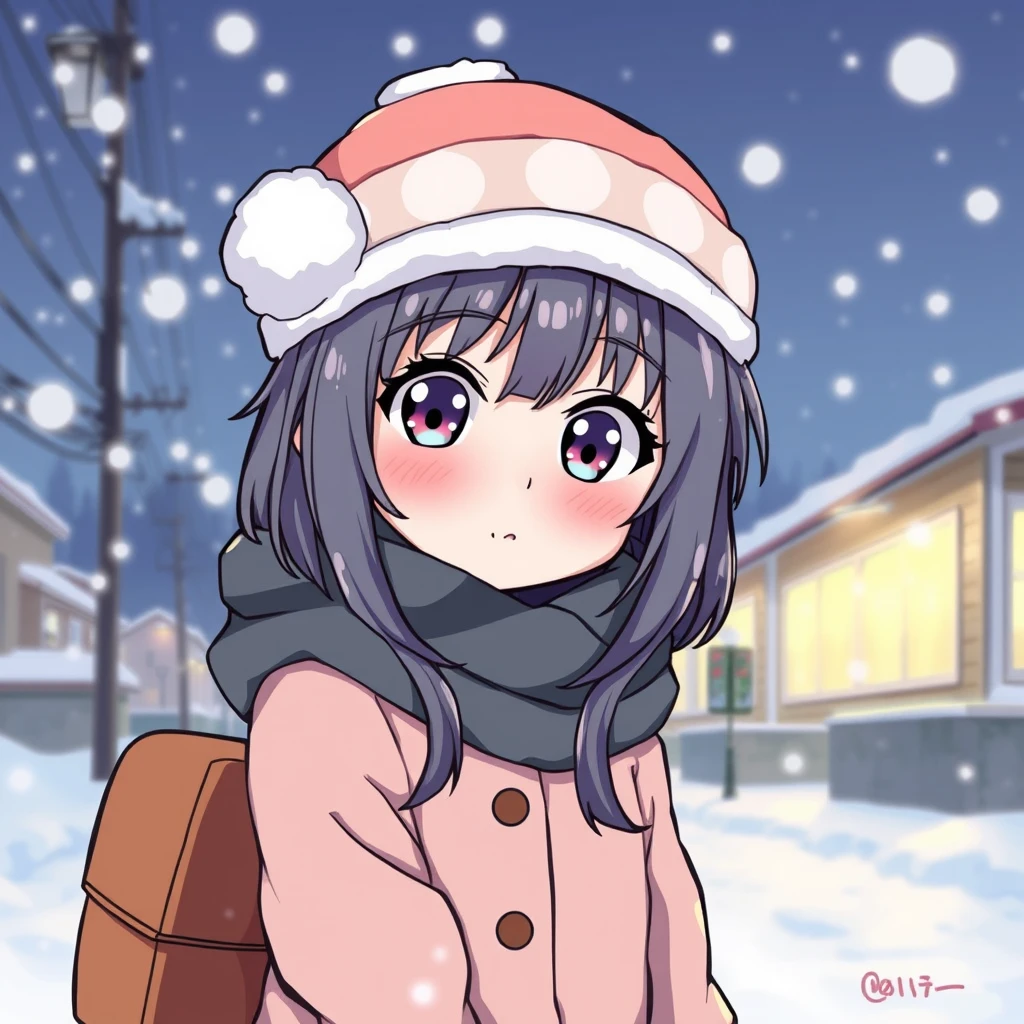 A cool cartoon girl on a cold winter night, with Japanese style. - Image