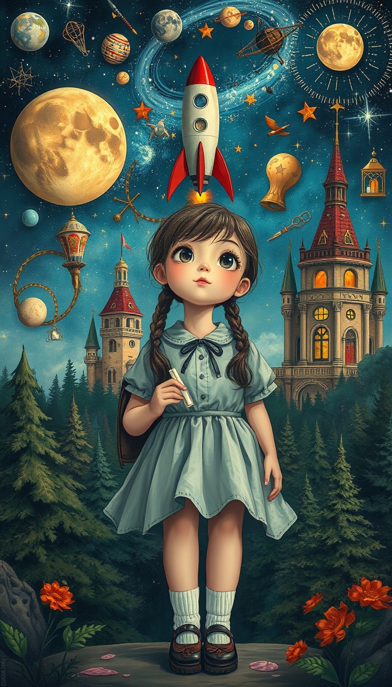 poster, Children's Illustration Style, a young girl is daydreaming at school, imagining all sorts of magical things that are forgotten by the adult mind, Universe, Rocket, Scientific instruments, Castle, Forest, intricate ornate anime cgi style, realistic fantasy render, painted Todd Lockwood, paper art. neo-impressionism expressionist style oil painting, smooth post-impressionist impasto acrylic painting, cinematic photo, highly detailed.