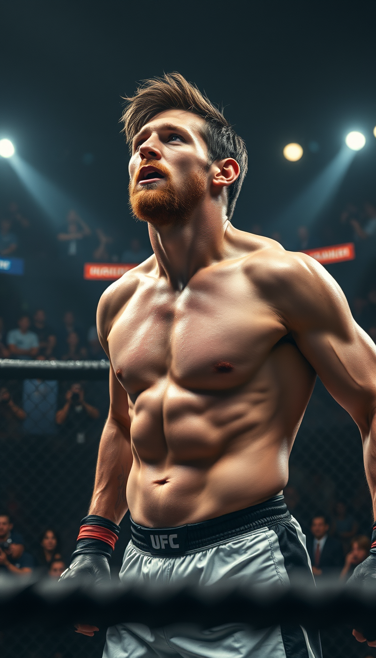 Lionel Messi, the soccer icon, in a UFC octagon, muscles taut and glistening under harsh spotlights. Hyper-realistic details capture every bead of sweat, every strain in his face. The crowd's roar almost audible, tension palpable. A surreal clash of sports worlds.