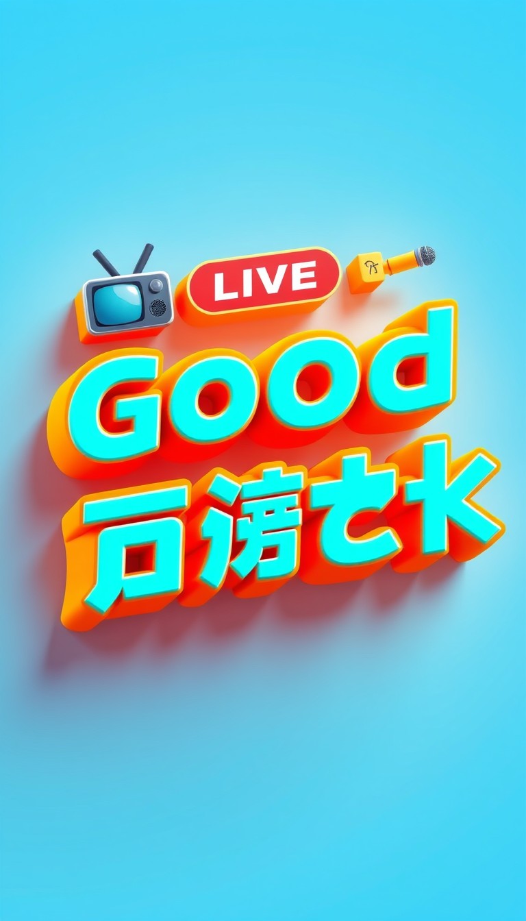 A captivating and contemporary digital design featuring the Chinese phrase 'Good pick' in a lively, modern style. The text is a striking combination of turquoise and orange, with a noticeable 3D effect. Above the text, a 'Live' label stands out, accompanied by related icons such as a TV, camera, and microphone. The background transitions seamlessly from a light blue to a dark blue gradient, creating a vibrant atmosphere perfect for live streaming content.