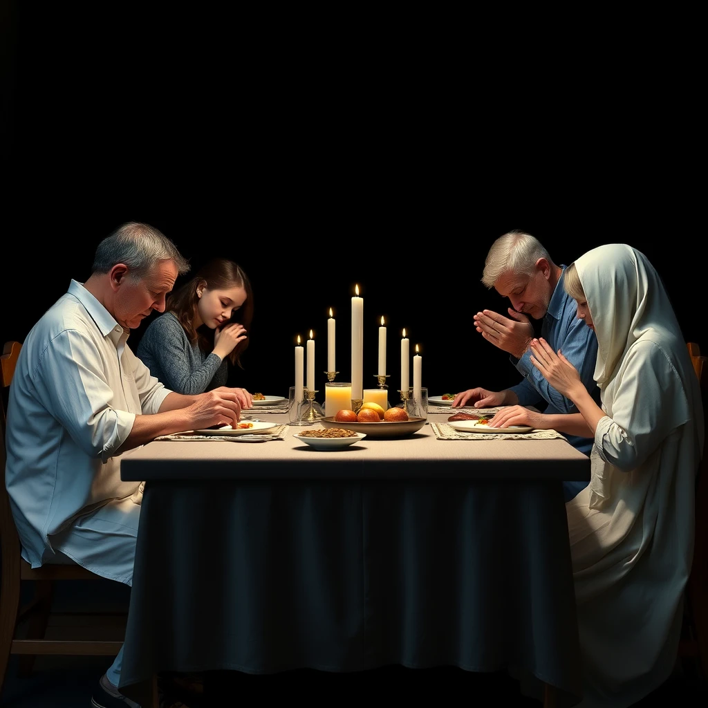 A family sitting together around a dining table praying, photorealistic, 1:1 ratio, serene, dark background, plenty of whitespace around the subject, no deformed arms.