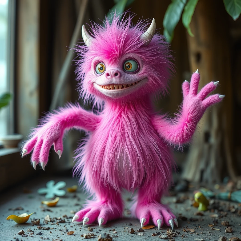 The pink monster looks like a human.