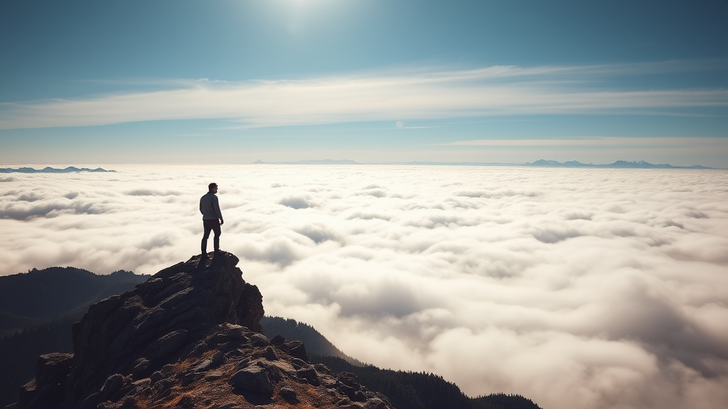 A man standing on top of a mountain, looking out over the sea of clouds, by Carlo Mense, art photography, Shutterstock contest winner, walking above the clouds and fog, wanderer above the sea of fog, among the clouds, rise above clouds, a wanderer on a mountain, upon the clouds, standing on mountain.