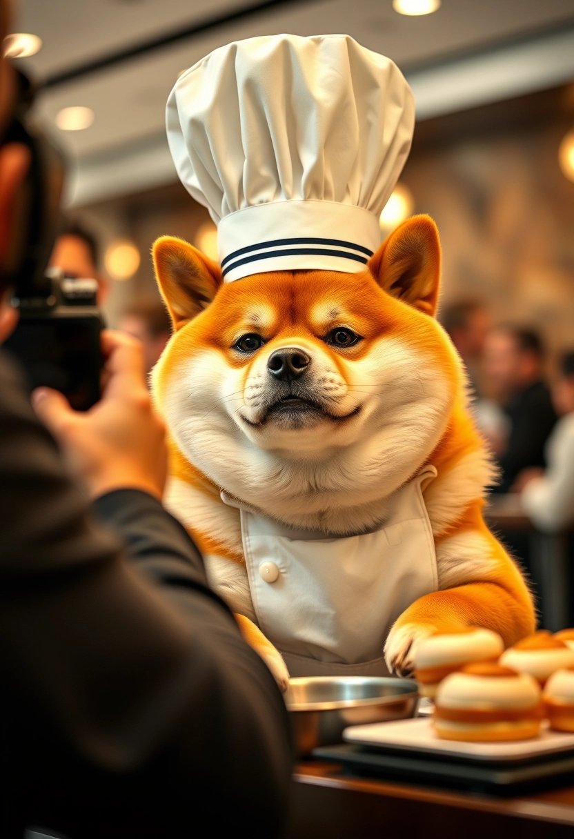 'Pet photography of a chubby Shiba Inu with a cute, silly expression, focused on making pastries while wearing a tall chef's hat in an upscale restaurant, with a reporter taking photos nearby. The background is blurred, in high definition quality, suitable for a smartphone wallpaper, realistic, a masterpiece.'