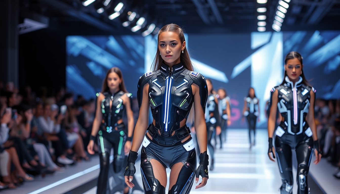 A futuristic runway scene with models wearing high-tech, digital-inspired clothing, with glowing accents and sleek designs.