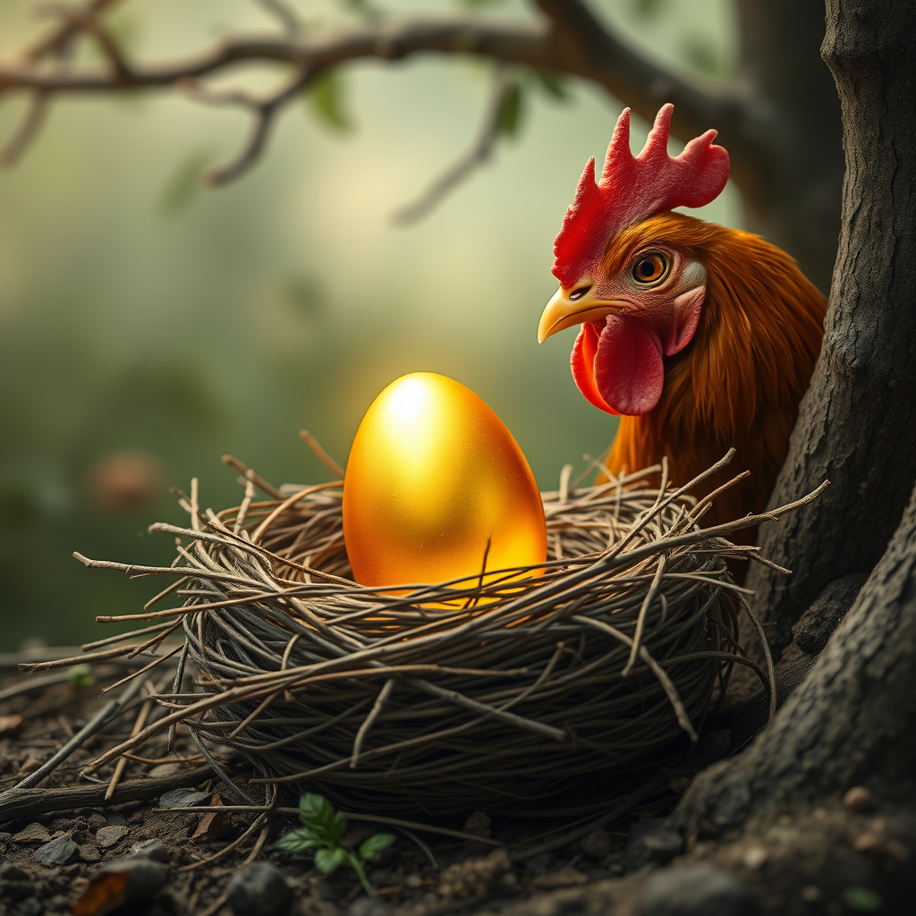 a golden egg in his chicken's nest.