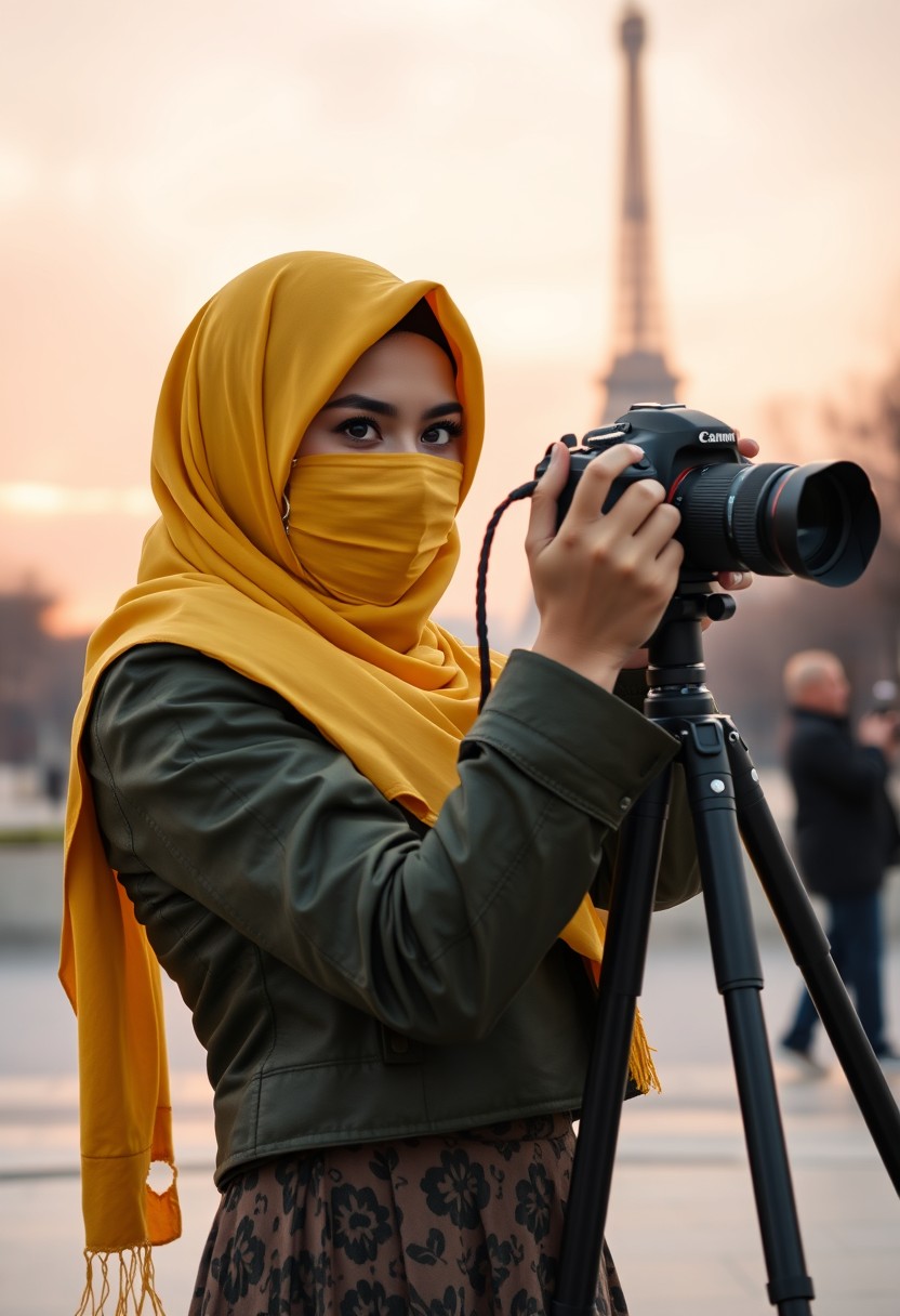 Biggest hijab yellow Muslim girl, beautiful eyes, face mask black, green army leather jacket pattern, biggest skirt, camera dslr canon, tripod, taking photos of Eiffel Tower, sunrise, morning scenery, hyper realistic, street photography.