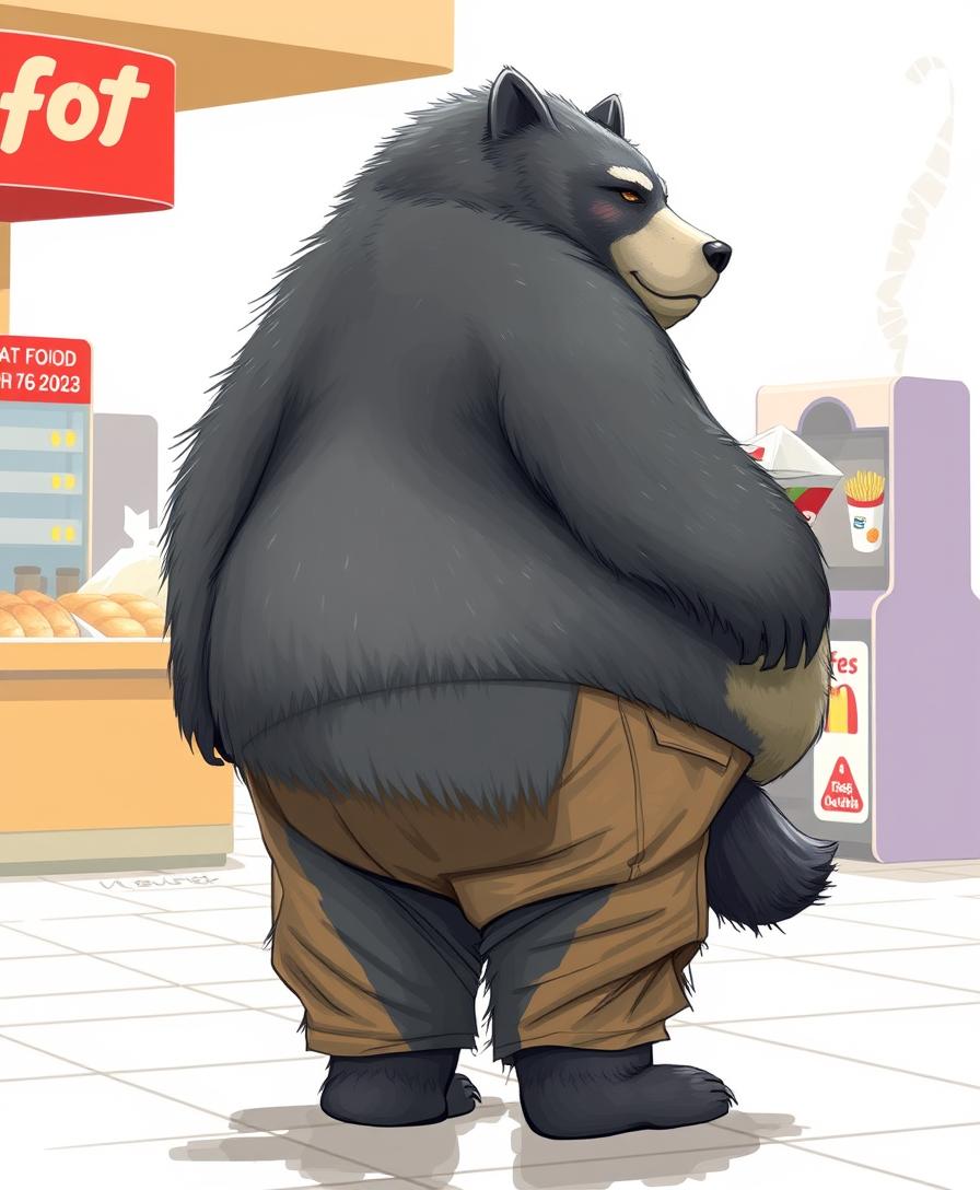 Quarter view, anthropomorphic obese gray bear-wolf hybrid, blended features. Gray and black fur with tan and white fur markings. He has a heavyset body. Wide fat bottom. Fat wide double chins. Tan obese big fat baggy cargo pants. Obese double belly overflowing. Wide waist. Thick tail. Full body. Uncropped. Fluffy fur. Ordering food from a fast food restaurant. Digital art, semi-realistic. - Image