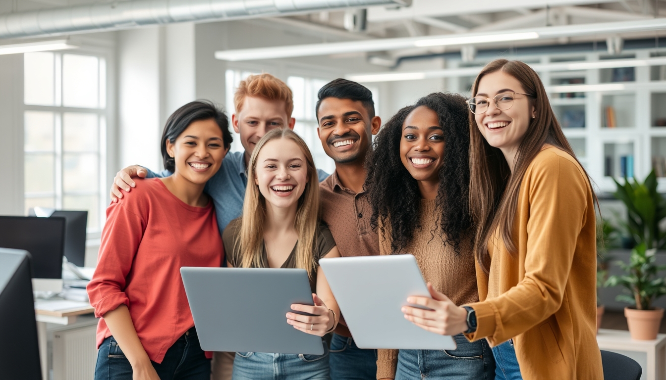 Photo of successful, joyful, cheerful young people working together in an office company workspace indoors. - Image