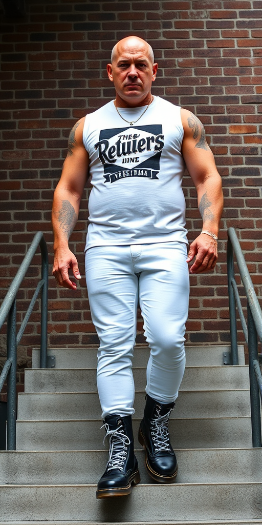 A towering, muscular 60-year-old skinhead stands confidently on concrete stairs, his gleaming bald head contrasting with his light skin. Clad in a striking white graphic t-shirt, tattooed arms flex beneath the sleeveless fabric. Tight bleached denim trousers highlight his powerful legs, complemented by knee-high Dr. Martens boots with white laces. The rugged brick wall and metal handrails create an industrial backdrop, enhancing the imposing presence of this behemoth.