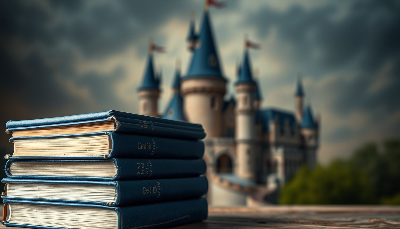 stack of blue books with blurred castle background - enchanting fantasy book cover or literature concept.