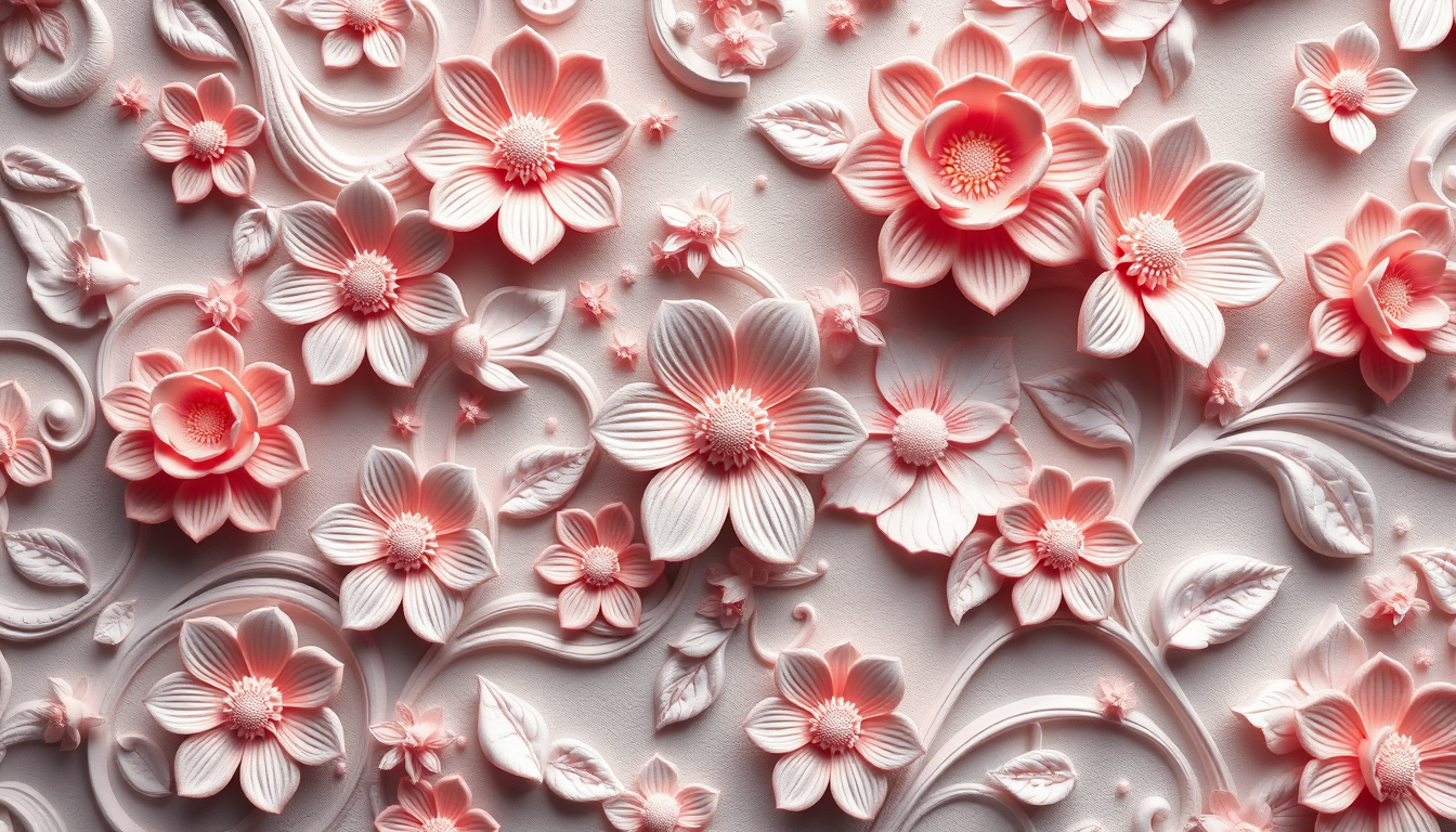 3D wallpaper with beautiful floral relief in pastel colors.