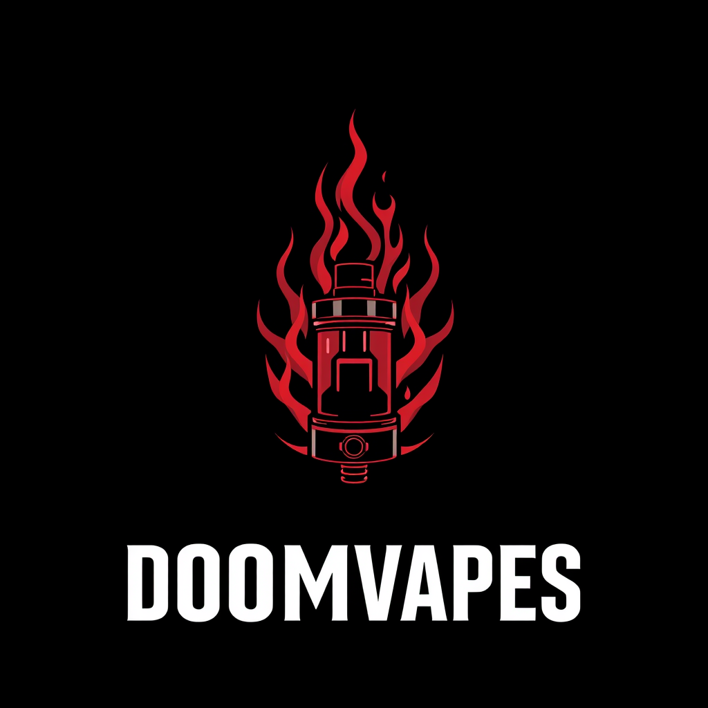 Sleek, logo design for DoomVapes featuring a stylized vape tank engulfed in ethereal, crimson flames. Blend with modern simplicity. Geometric shapes evoke demonic symbolism. Bold, sans-serif typography in obsidian black. - Image