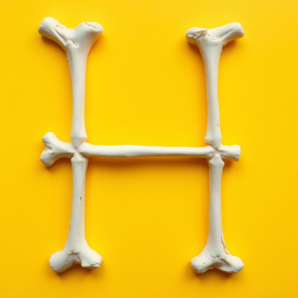 A letter "H" made of bones, yellow background, realistic photograph. - Image