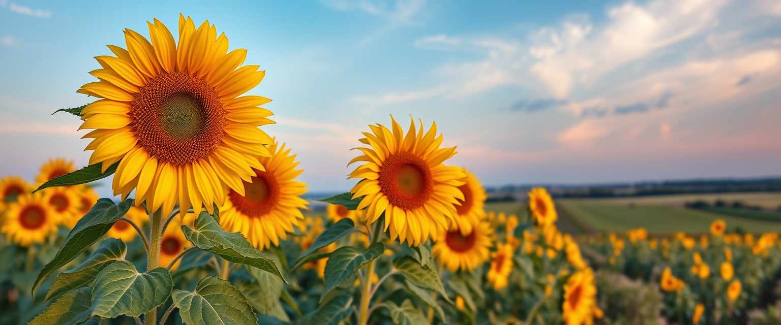 Vibrant, sunflower fields, golden blooms, high quality, photorealistic, summer, cheerful, idyllic, rural, panoramic, breathtaking, blue skies, windblown fields, sunset, floral arrangements. - Image