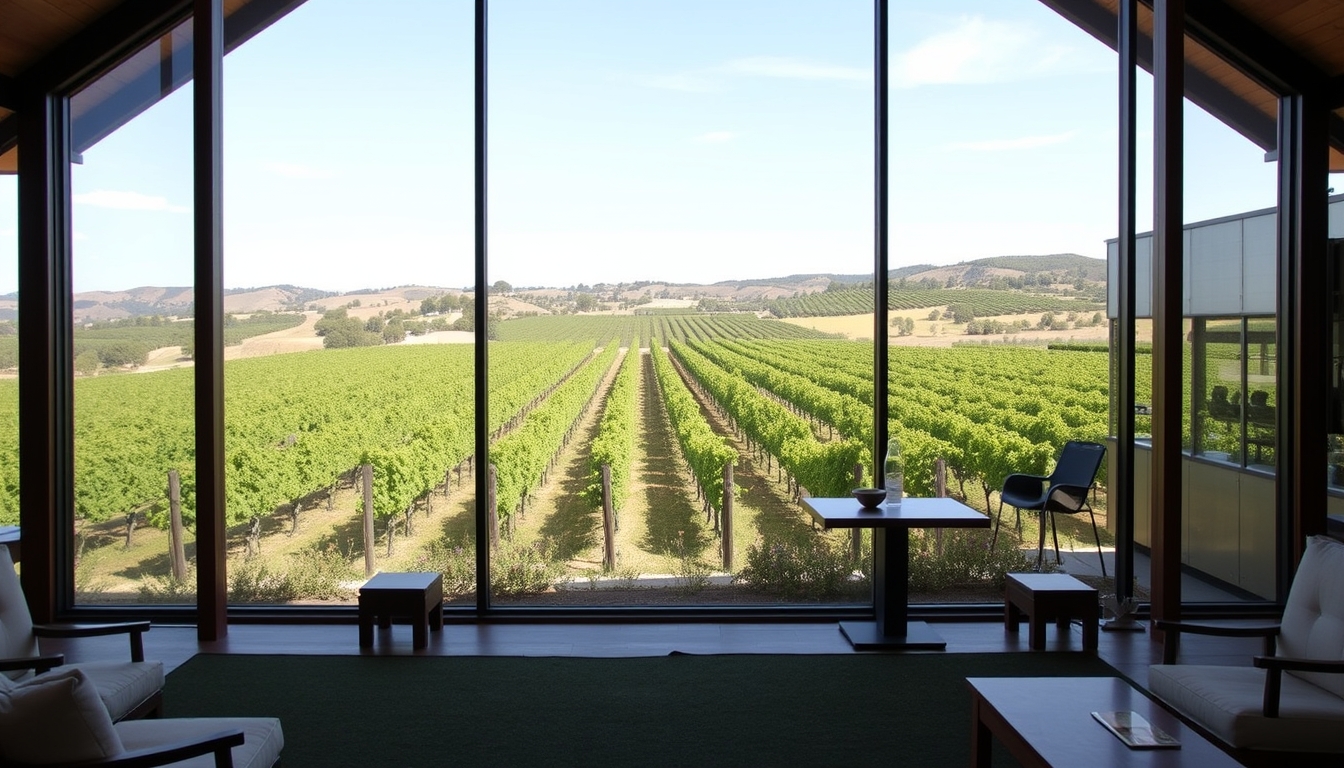 A picturesque vineyard with a glass-walled tasting room overlooking the grapevines.