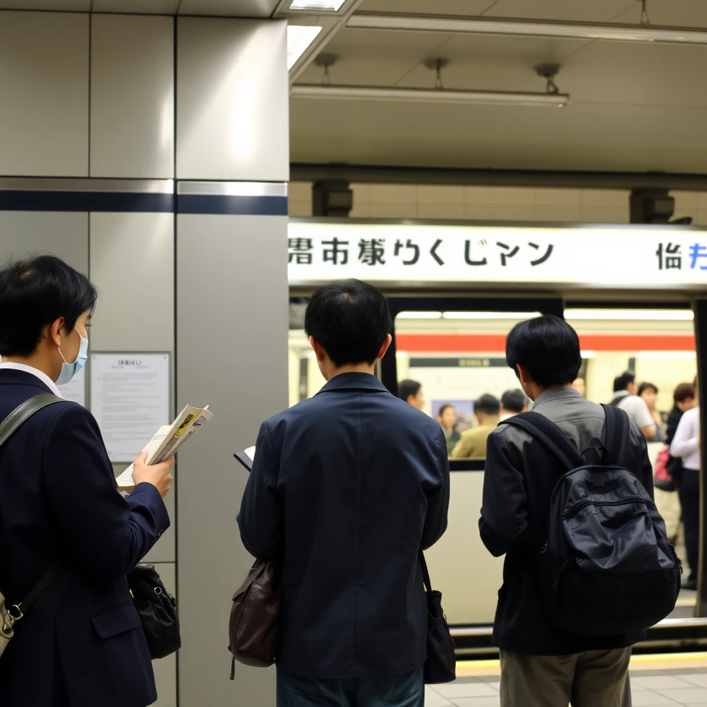 Three Japanese people are reading outside the subway, and there are many people inside the subway station.