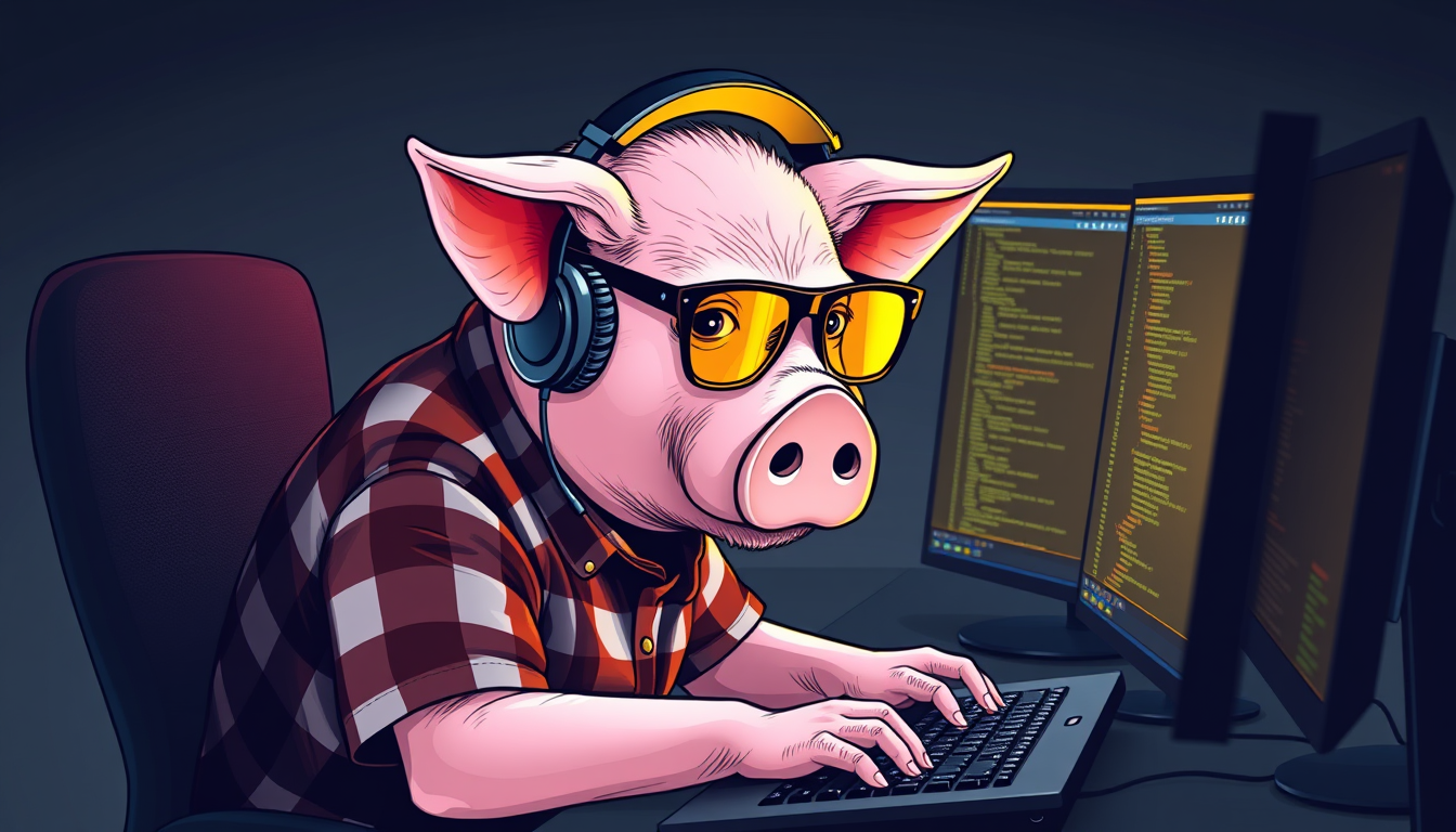 A tech-savvy pig coder, wearing yellow-tinted glasses and sleek noise-cancelling headphones, hunches over a cutting-edge multi-monitor setup. The anthropomorphic pig exudes focus, typing furiously. Dressed in a plaid t-shirt. - Image