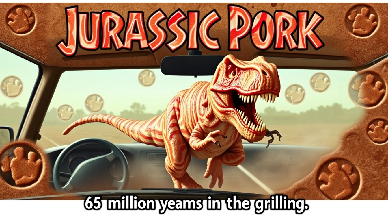 "Jurassic Pork": A T-Rex made entirely of bacon chases terrified customers through a drive-thru. The title "JURASSIC PORK" is spelled out in raw bacon strips at the top of the poster. Fossil imprints of various fast food items fill the background. Tagline: "65 million years in the grilling." - Image