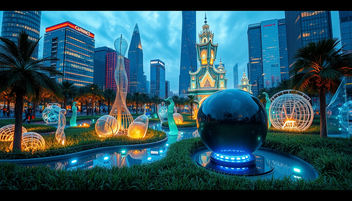 A futuristic city park with glass sculptures and interactive installations. - Image