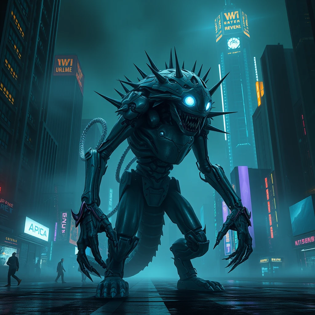 In the heart of the Cyber City, amidst the towering structures that seem to defy gravity, a monstrosity emerges from the shrouded haze. The air is thick with an otherworldly energy as a grotesque creature takes its first steps into the city's neon-lit streets.

The creature itself appears to be a twisted amalgamation of mechanical limbs and organic flesh. Its body is a mass of pulsing, iridescent tendrils that writhe like living serpents, while its eyes glow with an eerie blue light. A jagged, metallic exoskeleton encases its torso, adorned with sharp, spiky protrusions that seem to quiver with malevolent energy.

- The background is dark and foreboding.
- There is a sense of movement in the image, as if the creature is about to spring into action.

- The overall mood of the image should be ominous and foreboding. - Image