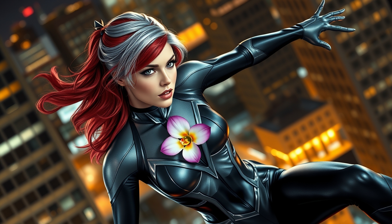 Redhead with a grey streak in her hair, a black and silver metallic spandex outfit with an orchid on her chest, swinging through the city at night. - Image