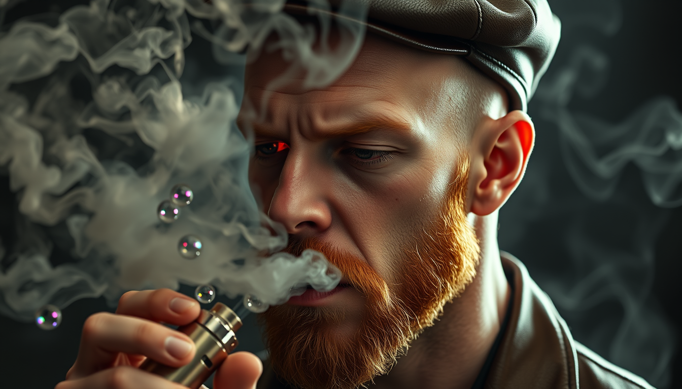 Hyper-realistic three-quarter portrait of a demonized white male, bald with meticulously detailed ginger stubble, donning a worn leather flatcap. Piercing red eyes gleam as he exhales dense, swirling vapor clouds from an intricately designed chrome vapemod. Iridescent e-liquid droplets suspended mid-air.