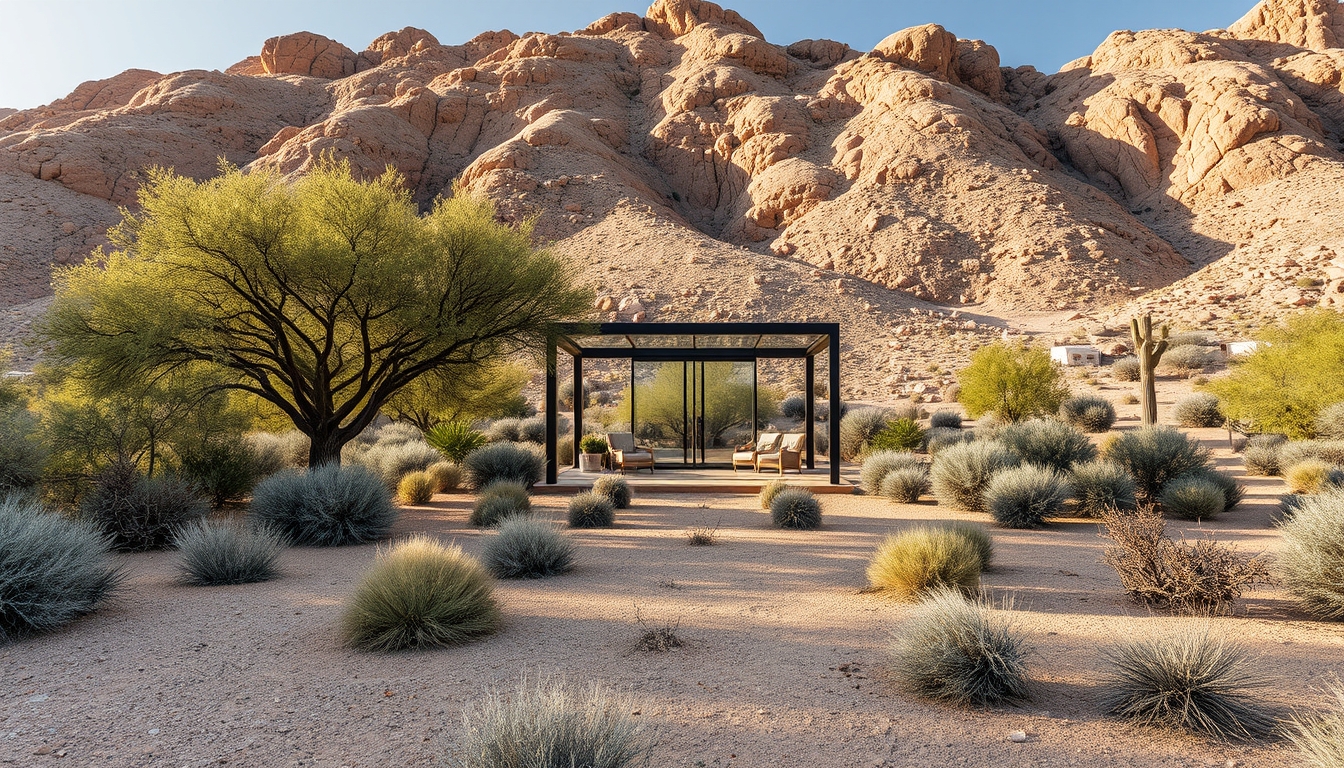 A dramatic desert landscape with a glass pavilion offering shade and shelter.