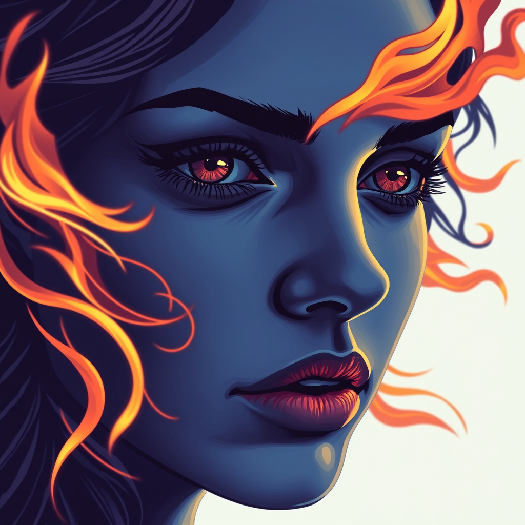 A tee shirt design of a close-up of a woman's face, inspired by the sun. Her expression is deep and soulful, reflecting both passion and sadness. Her eyes are intense and filled with emotion. The color palette is cool, featuring deep blues and purples, with a hint of warmth in her eyes. Whipping flames accent her face, blending seamlessly into the background, creating a contrast between the cool and warm tones. The overall feel is a harmonious blend of passion and melancholy, embodying the soulful essence of the sun. Transparent background.