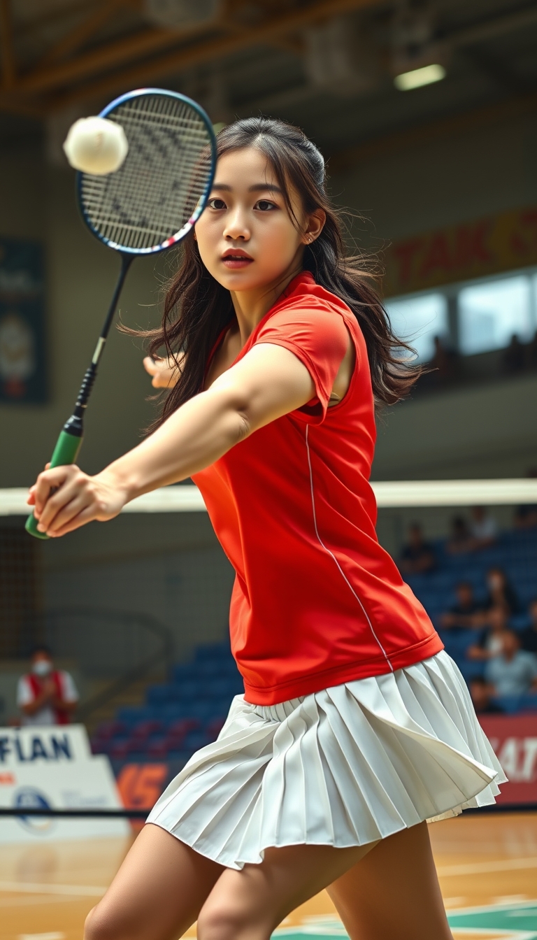 A detailed, realistic portrait of a young woman playing badminton in an indoor sports arena. The woman is wearing a bright red jersey and is mid-swing, her body in a dynamic, athletic pose as she focuses intently on the shuttlecock. The background is blurred, with glimpses of the court, net, and spectator stands visible. The lighting is natural and directional, creating shadows and highlights that accentuate the woman's features and muscular definition. The overall composition conveys a sense of energy, movement, and the intensity of the game. The image is highly detailed, with a photorealistic quality that captures the textures of the woman's clothing, skin, and the badminton equipment. A woman with a beautiful face like a Japanese idol, she is wearing a white pleated skirt. - Image