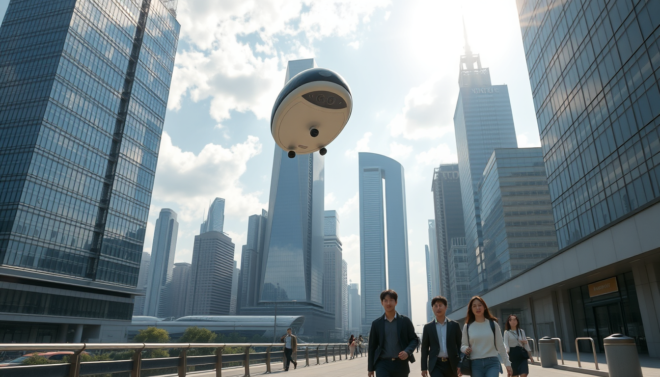 Create a stunning high-resolution image of the city of the future. The skyline should be filled with towering skyscrapers. Includes a light-colored oval balloon-type robot flying rapidly through the air with tiny black balancers on either side of the balloon. There are some people walking on the street in a relaxed and pleasant atmosphere with Asian faces and fashion-forward clothing. The visual focus of the image highlights the small balloon-shaped robot patrolling the air for safety; the clouds are very beautiful, and the sunlight reflecting off the glass surfaces of the buildings creates an atmosphere of excitement and creativity. Very clear and realistic details, 32K.